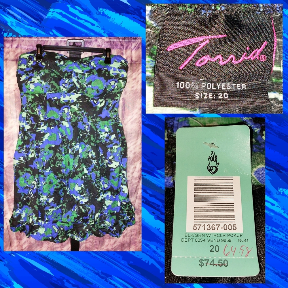 Torrid Blue/Green/Black Watercolor Print Strapless Knit Bubble Dress Jrs Plus 20
